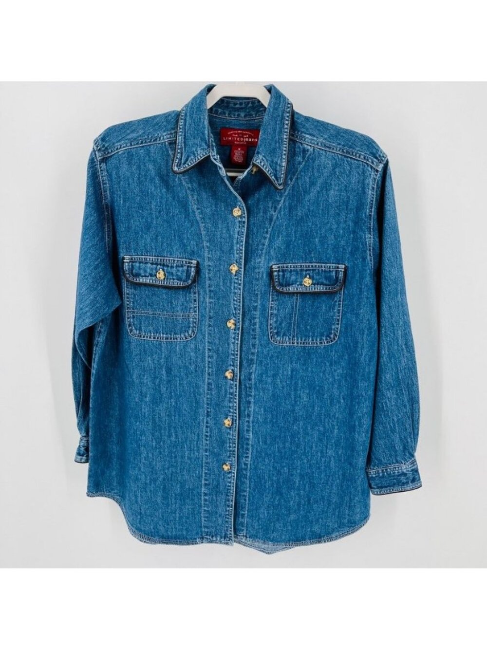 Limited Jeans Denim Shirt Size M Vintage Leather Trim Button Down Pockets